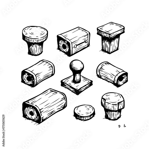 Stylized collection of vintage printing blocks, woodcut style, adding unique flair for graphic