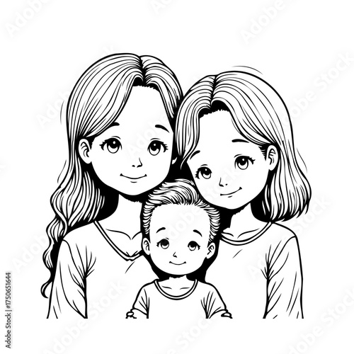 Stylized depiction of a family portrait showcasing two young women and a child embodying kinship