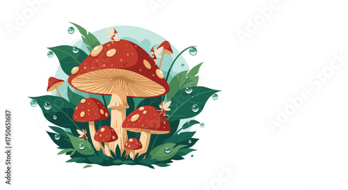 A whimsical gathering of bright red mushrooms adorned with white spots.