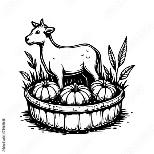 Stylized farm animal graphic illustration amidst autumn harvest bounty inside rustic basket design