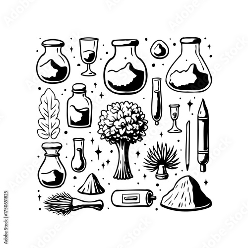 Stylized monochrome illustration featuring various alchemical vessels and botanical elements