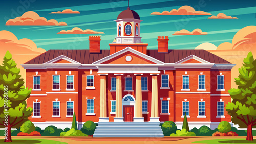 Very beautiful red brick courthouse in Fairfax County, Virginia, vector-style historic civic building under clear daylight.