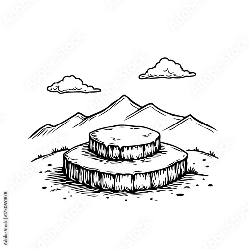 Stylized outdoor mountain landscape illustration with a platform stage for product presentation or