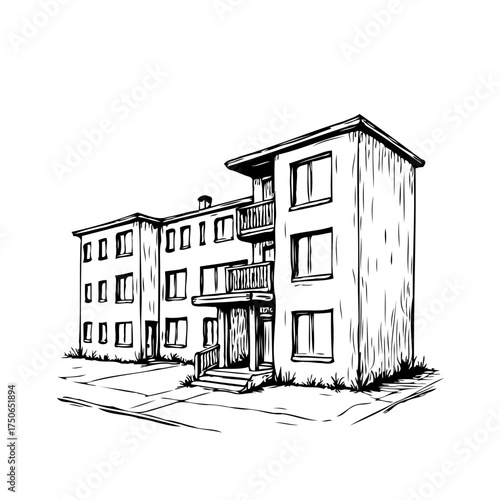 Stylized residential building sketch showcasing unique architectural features with balconies and