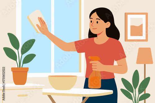 A young woman washes a window with a cloth, illustrating household chores, home cleaning, and domestic work.