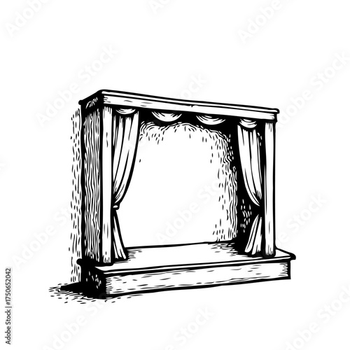 Theatrical platform in monochrome sketch evokes a sense of drama ready for a performance awaiting