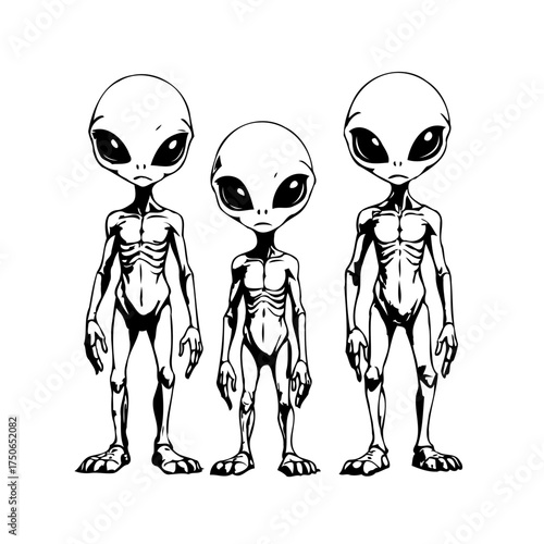 Three extraterrestrial beings standing together in monochrome vector illustration of science