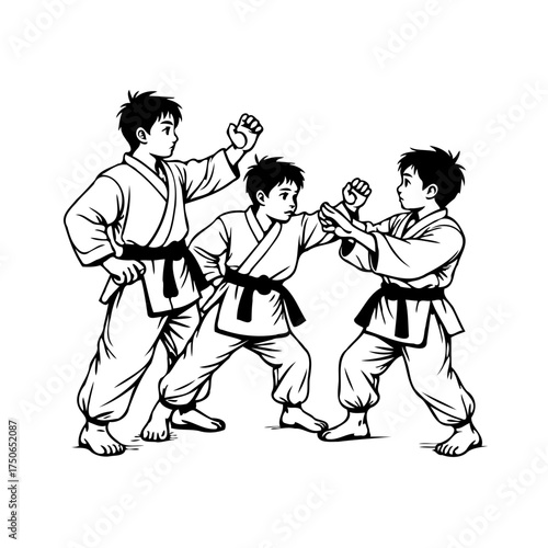 Three young karate practitioners practicing martial arts stances with determination and precision