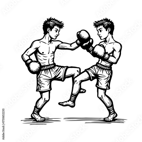 Two energetic shirtless young men engage in a dynamic combat sports match showcasing agility and