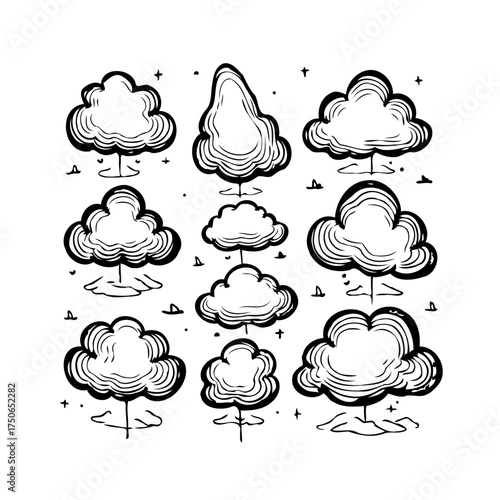 Unique hand drawn forest, stylized tree line collection, minimal abstract woods sketches and