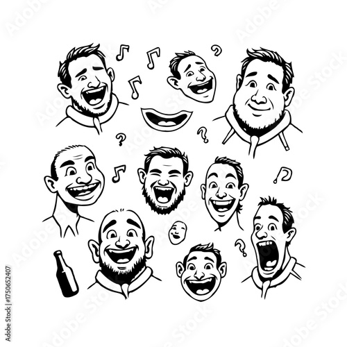 Various joyful expressions illustrations showcasing diverse faces and happy emotions with music