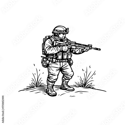 Vigilant soldier aims rifle in hand-drawn style illustration creating a powerful monochrome