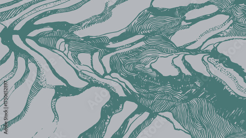 Hand drawn brush lines abstract top view of rice terraces pattern, Japanese and ethnic folks wood carving, block print texture background, minimal graphic for textile, carpet, decoration