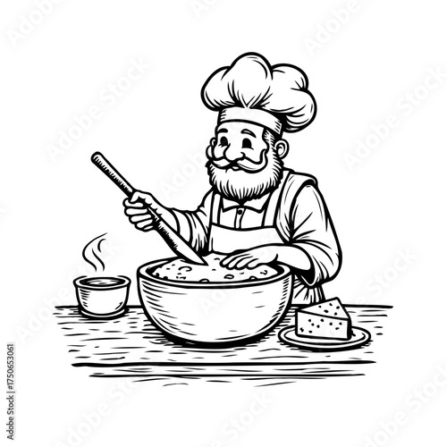 Whimsical chef stirring a bowl illustration showcases culinary artistry and passionate cooking in
