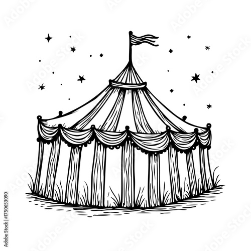 Whimsical circus tent illustration with sparkling stars conjuring magical event feelings and joy