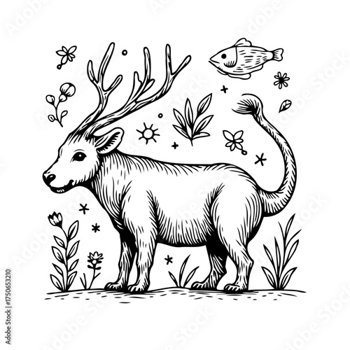 Whimsical creature illustration blends mammalian features with majestic antlers in a botanical
