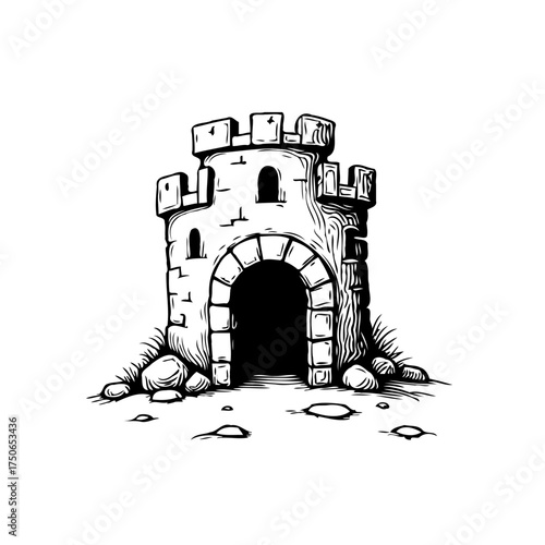 Whimsical drawing of a fortified castle turret structure evoking medieval fortifications with