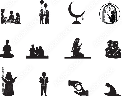 Islamic Silhouette Icons Set – Muslim People Praying, Reading Quran, Crescent Moon, Charity, and Eid Celebration Vector