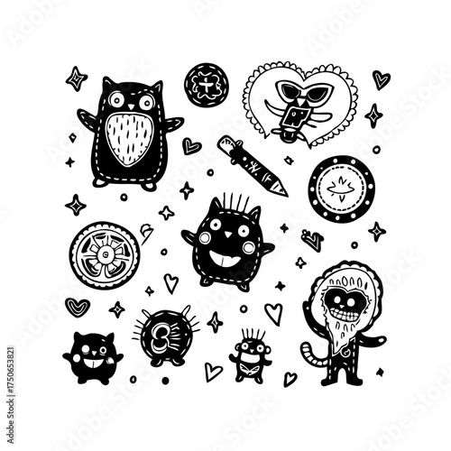 Whimsical illustrated creatures in a monochrome palette evoke a playful mood with detailed