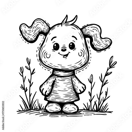 Whimsical illustrated puppy with floral accents evokes playful charm and childhood joy creating a