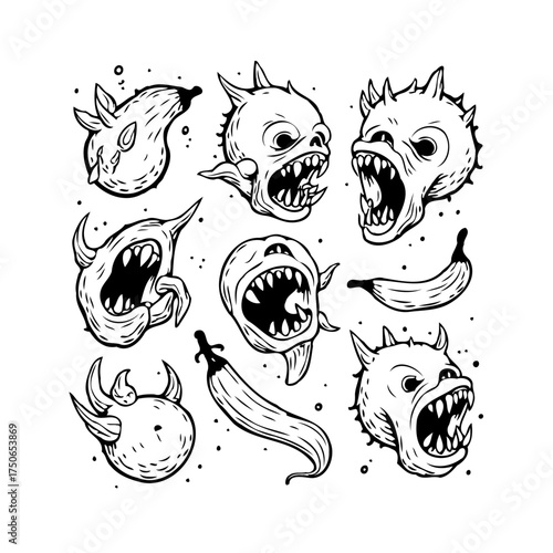 Whimsical Ink Drawing Composition Featuring Grotesque Creature Heads Interspersed with Banana