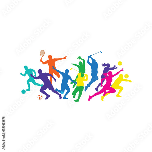 Vibrant sports silhouettes diverse athletes action colorful dynamic celebration vector
