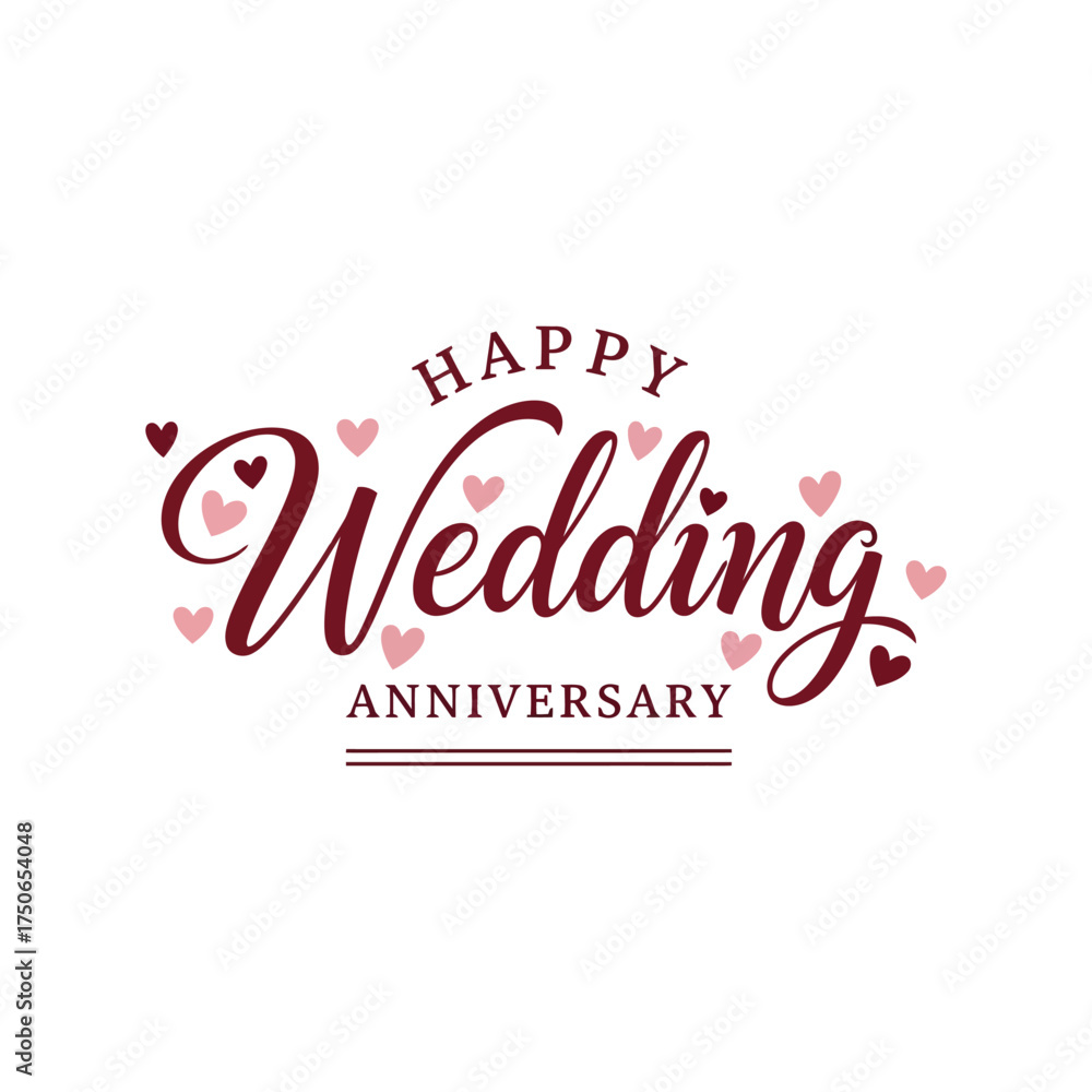 Fototapeta premium Happy wedding anniversary script calligraphy elegant hearts festive celebration greeting vector
