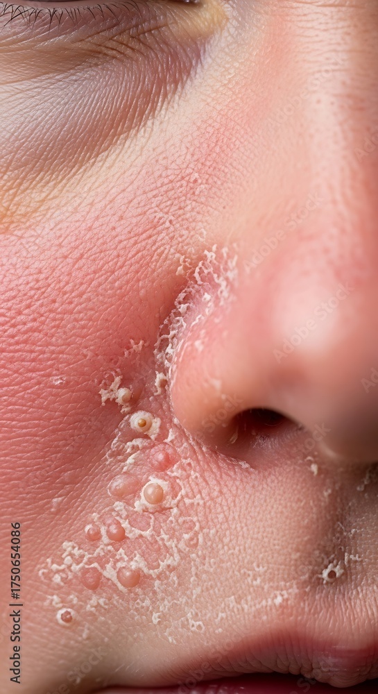 Fototapeta premium Facial Herpes Zoster Infection - A Close-Up View of Skin Blisters.