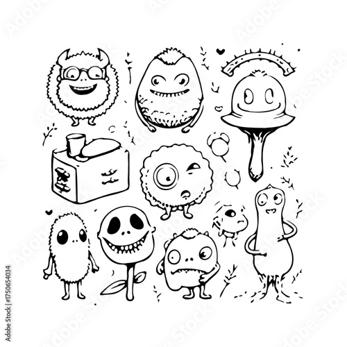 Whimsical monsters creatures ink drawing collection for creative designs and playful illustrations