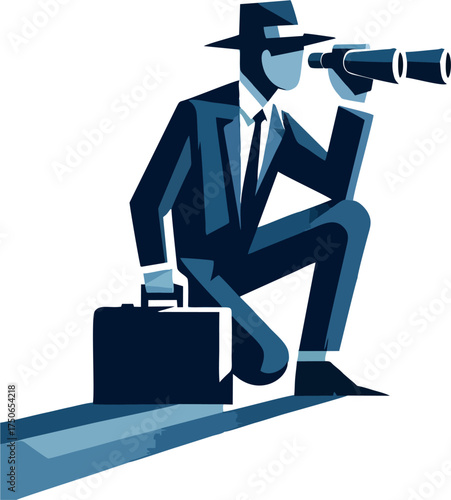 Silhouette Spy Businessman with Binoculars and Briefcase Modern Noir Vector Illustration Isolated