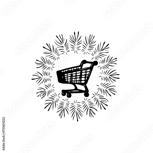 Whimsical shopping experience abstract cart design surrounded by leafy wreath for retail business