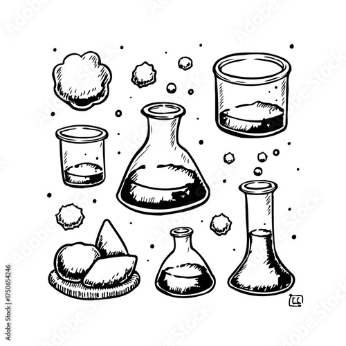 Whimsical science lab doodles featuring beakers flasks and round shapes creating a stylized vector