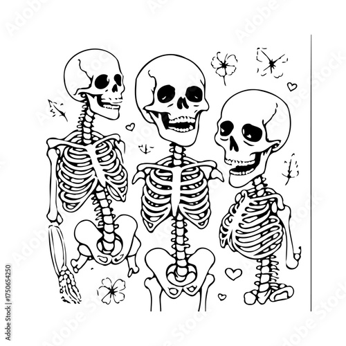 Whimsical skeletal trio adorns ethereal blossoms and hearts in monochrome halloween illustration