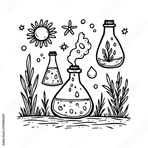 Whimsical science illustration: a fusion of nature and laboratory elements in a charming doodle