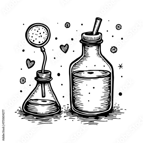 Whimsical sketch of potion bottles bubbling with magic and mystique creating artistic imagination