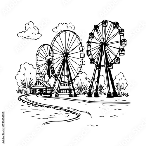 Whimsical sketched amusement park scene featuring giant observation wheels alongside a winding