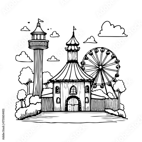Whimsical theme park scene in illustrative style showcases a tower building a carnival ride and