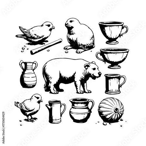 Whimsical vintage animal and teacup collection featuring charming rustic wildlife and tableware