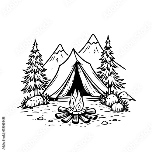 Whimsical wilderness camping adventure illustration with a tent bonfire mountains and pine trees