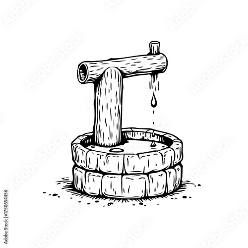 Whimsical wooden well illustration: A rustic sketch evoking a sense of natural resource and charm