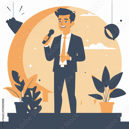 Professional Man Speaking into Microphone at a Public Event.