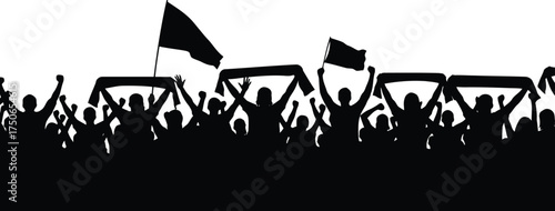 Excited crowd silhouette cheering with flags at sports event or concert vector