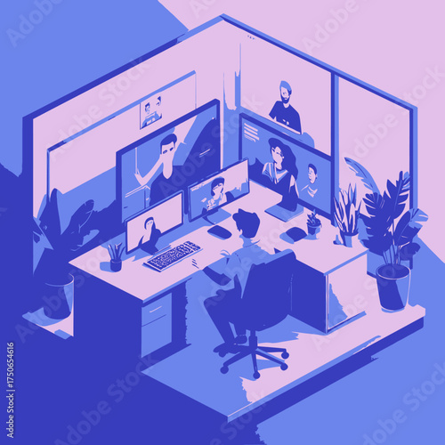 Isometric illustration of a person in an office cubicle during a video conference call.