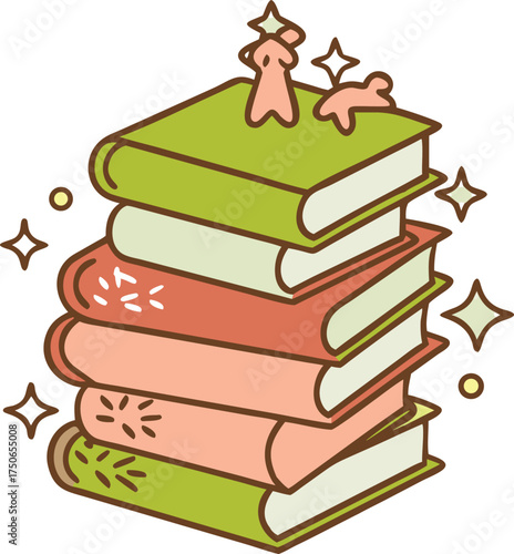 A whimsical stack of colorful books with decorative ribbons and sparkling stars representing knowledge and imagination