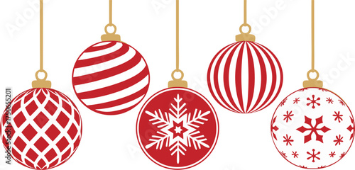 Vector illustration of hanging red Christmas balls, shiny finish, realistic reflections, suitable for greeting cards, social media posts, and seasonal decorations.