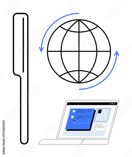 Line globe with blue rotation arrows, vertical magnifier, and laptop monitor. Ideal for communication, networking, education, technology, connectivity web browsing creativity. Simple flat metaphor
