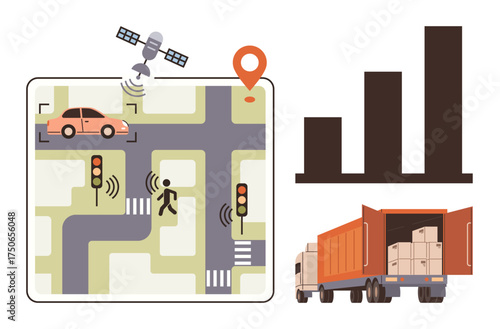 Satellite mapping roads, traffic signals, pedestrian crossings, delivery trucks, and data bar graph. Ideal for logistics, smart city planning, data management, IoT systems urban mobility