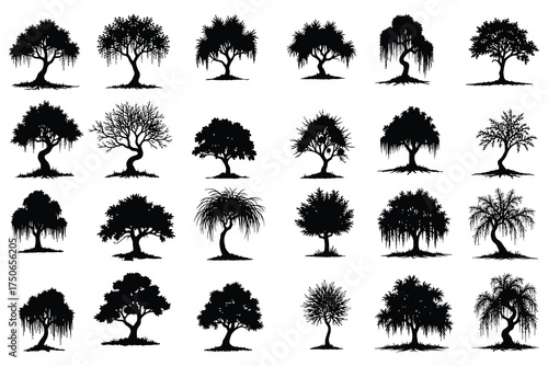 Collection of black tree silhouettes with varied foliage and trunks