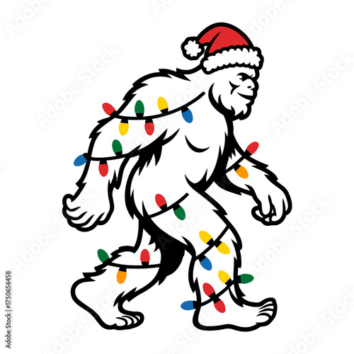 Bigfoot wearing a santa hat covered in christmas lights