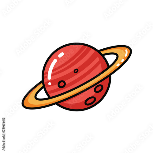 Red Cartoon Planet with Orange Ring, Space Illustration, Celestial Body Icon